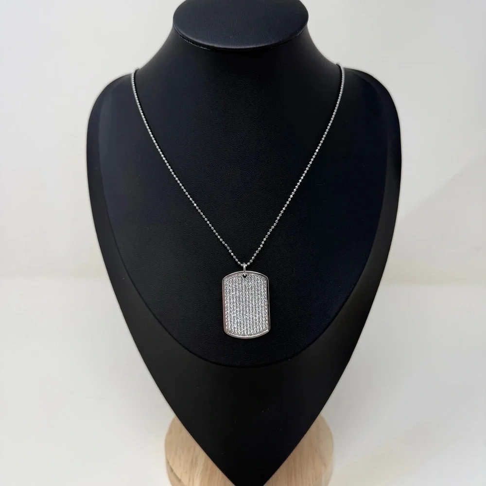 925 Sterling Silver CZ Dog Tag Necklace Made in Turkey Ball Chain Unisex Pendant